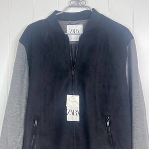 Zara Mens Bomber Jacket Faux Suede Combined in Black and Gray SZ XL NWT